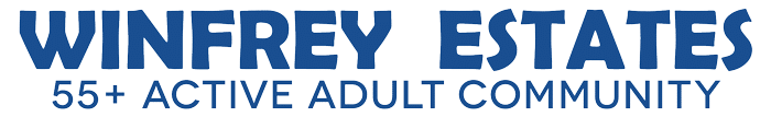 Logo reading WINFREY ESTATES with the subtitle '55+ Active Adult Community' in blue text on white background